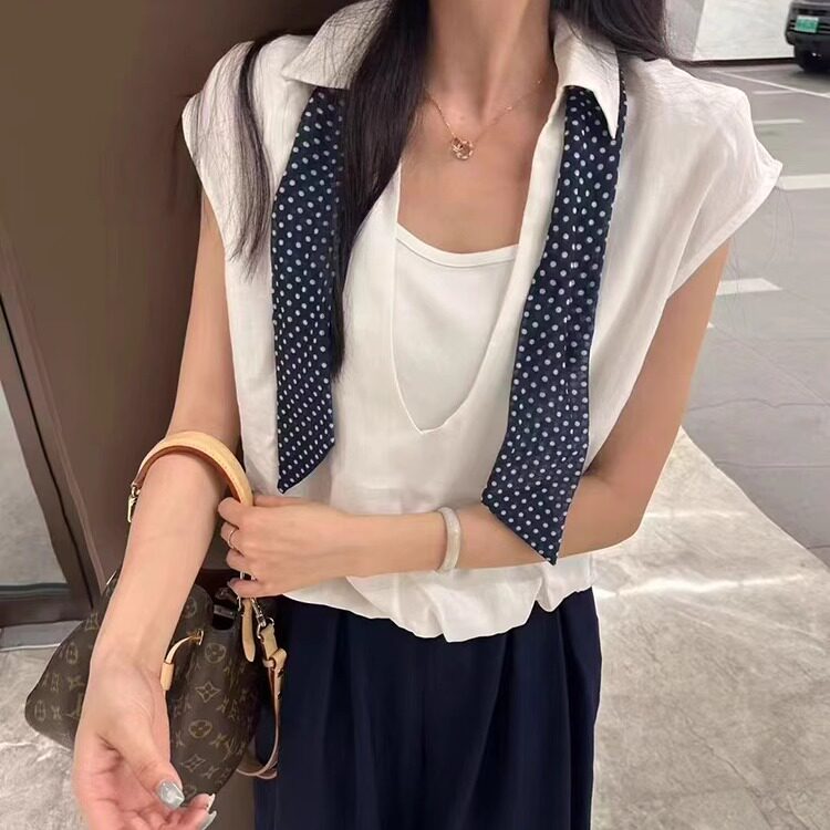 韩版假两件polo领设计洋气衬衣打底衫2025夏季高级感上衣配丝巾女