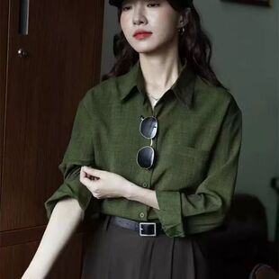 新款 女显瘦春季 棉麻衬衣 衬衫 绿色设计感polo宽松复古港味纯色长袖