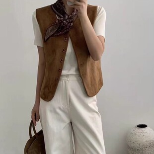 丝巾马夹女2025早秋高级感短款鹿皮绒马甲外套宽松休闲背心上衣潮