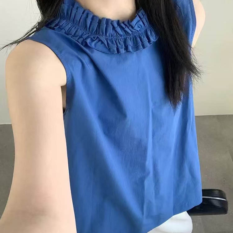 韩国小众设计感花瓣领两面穿纯色无袖衬衫女宽松显瘦中长背心上衣
