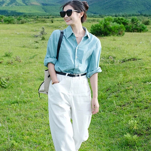 显瘦衬衣百搭宽松上衣 韩系别致湖蓝polo领衬衫 女2025秋季 新款 长袖