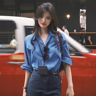 衬衣蓝色衬衫女内搭叠穿高级感小众春装女款2026独特超好看上衣潮