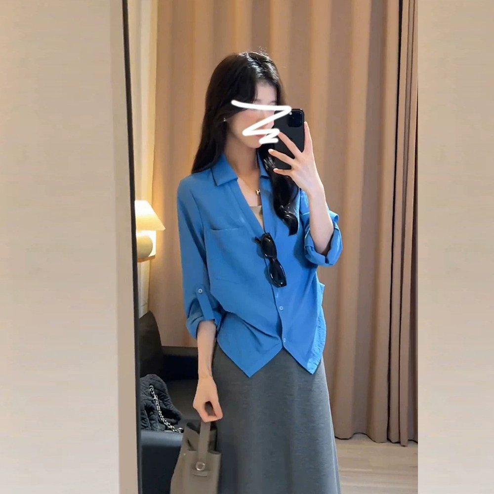 克莱因蓝竹纤维掐腰防晒衬衫女薄款轻奢高级感洋气收腰衬衣上衣夏