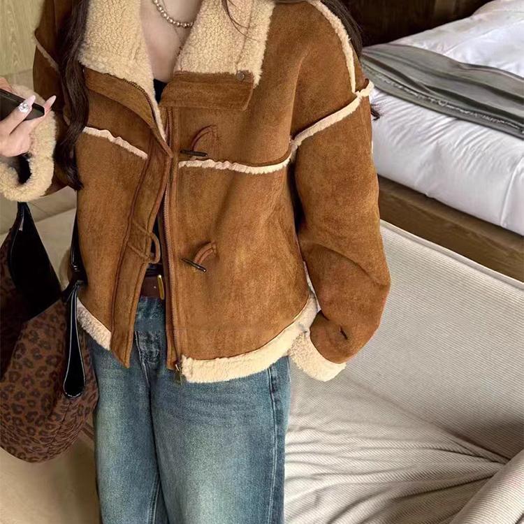 皮毛一体羊羔绒外套女秋冬高级感加绒加厚小个子短款鹿皮绒机车服