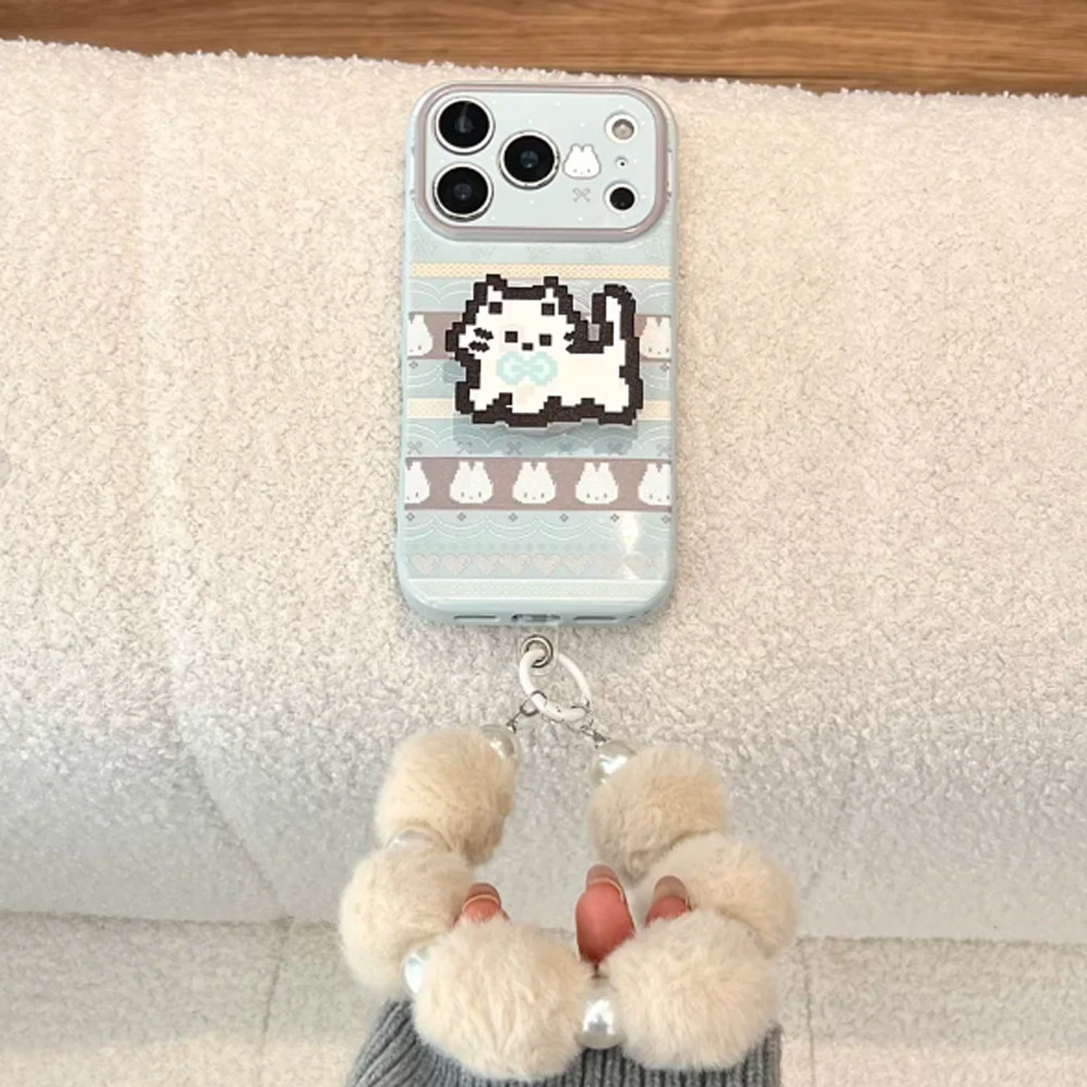 蓝色费尔岛小兔皮质支架适用苹果17promax手机壳iphone16pro新款15女款14韩系挂链13防摔12全包软壳17冬日