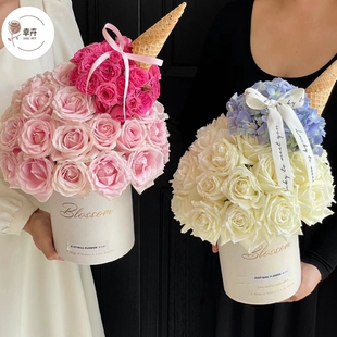 珍珠贝母英文抱抱桶圆形鲜花包装盒花艺插花礼物盒简约手捧花纸盒