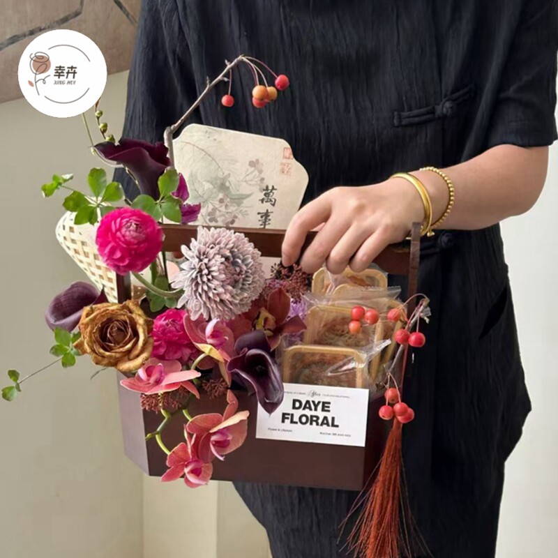 中秋节中式复古八角盒手提花篮鲜花月饼水果花盒花艺插花礼物盒