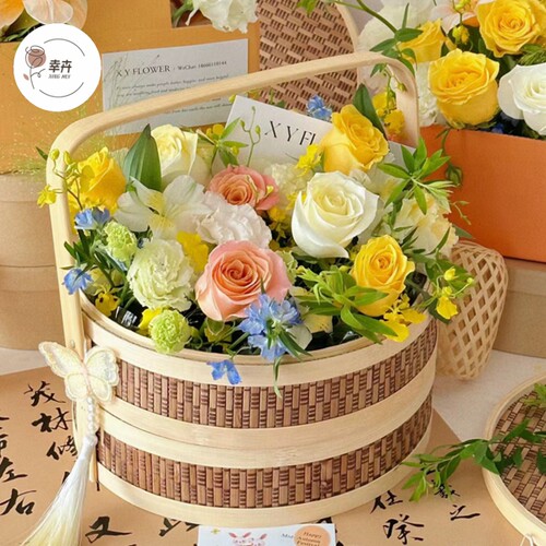 鲜花手提花篮双层编织手提竹编篮