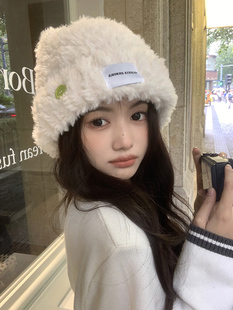 白鹿同款纽扣帽子女秋冬季毛绒帽保暖渔夫帽冷帽大头围毛线帽盆帽