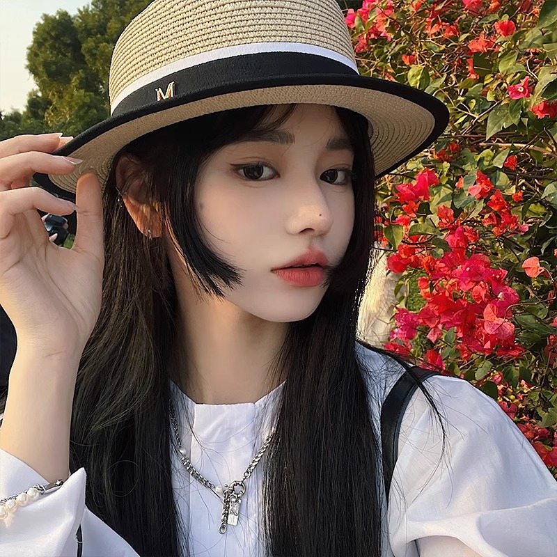 韩国平顶小檐草帽子女夏天遮阳防晒草编凉帽网红夏季时尚英伦礼帽