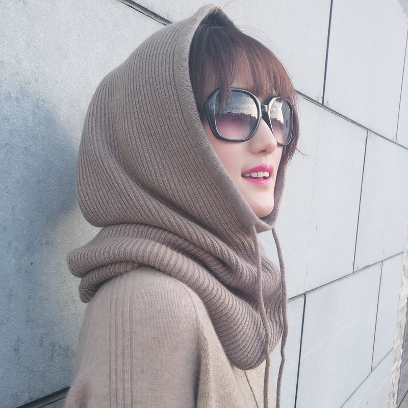 纯色毛线帽子围脖一体女秋冬季加厚针织韩版护耳脖套保暖连帽围巾