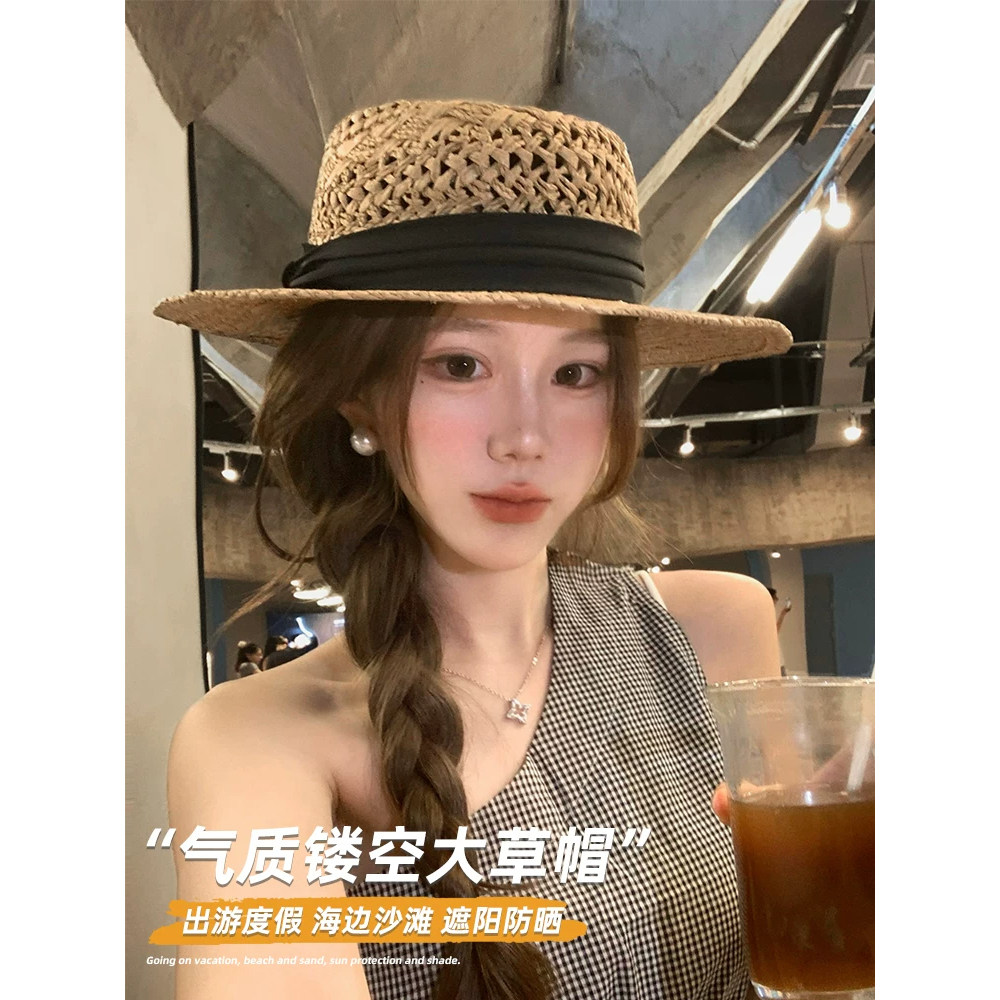 出口韩国法式老钱风镂空平顶草帽女夏季海边度假风遮阳帽防晒帽
