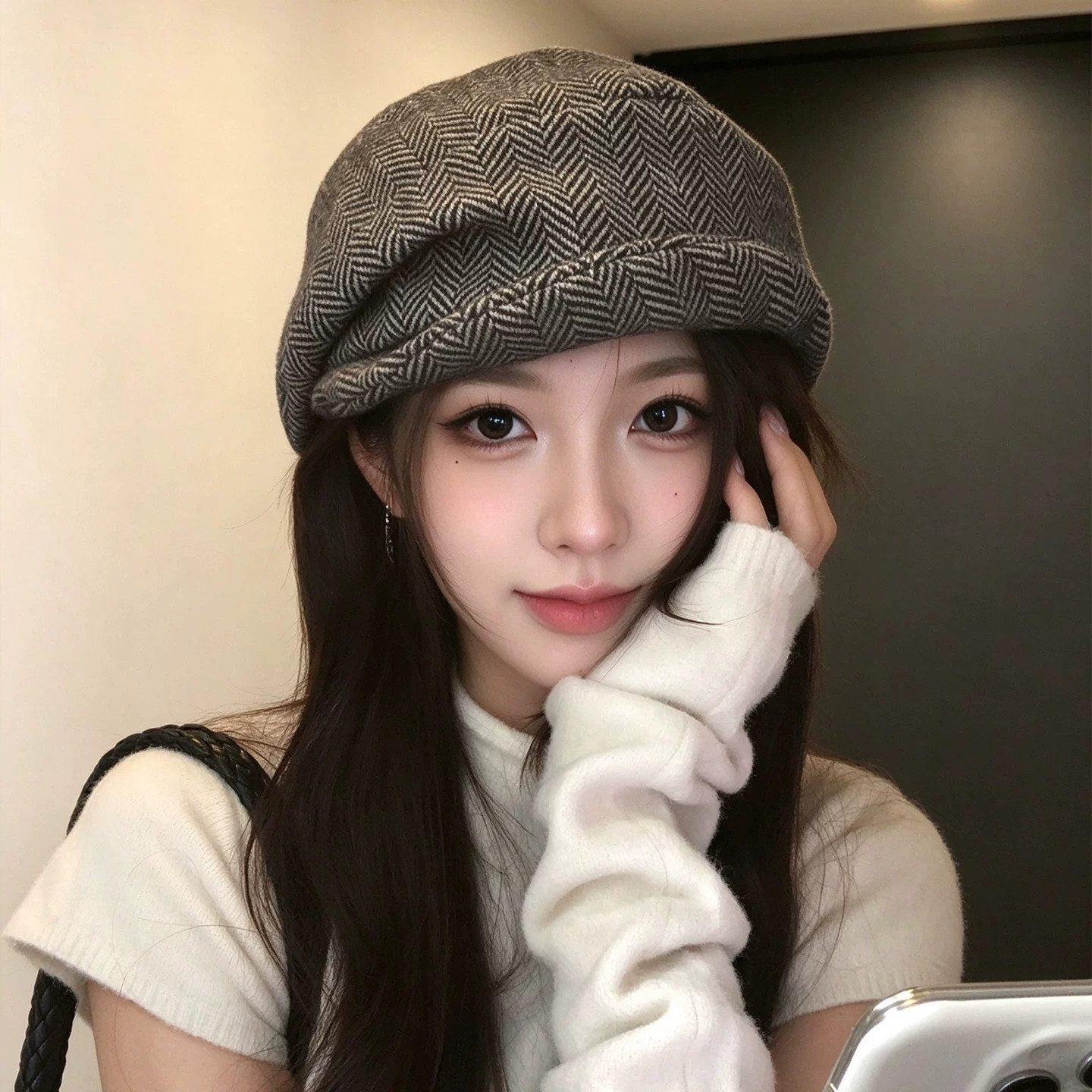 日系条纹保暖显脸小毛呢八角帽女