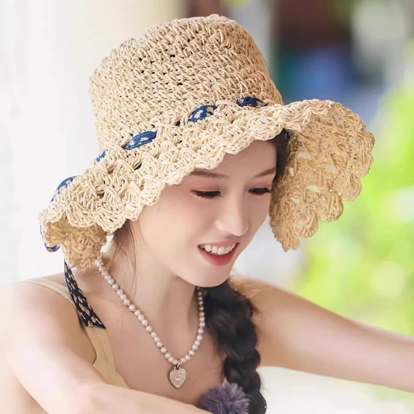 碎花飘带女夏海边沙滩防晒帽草帽