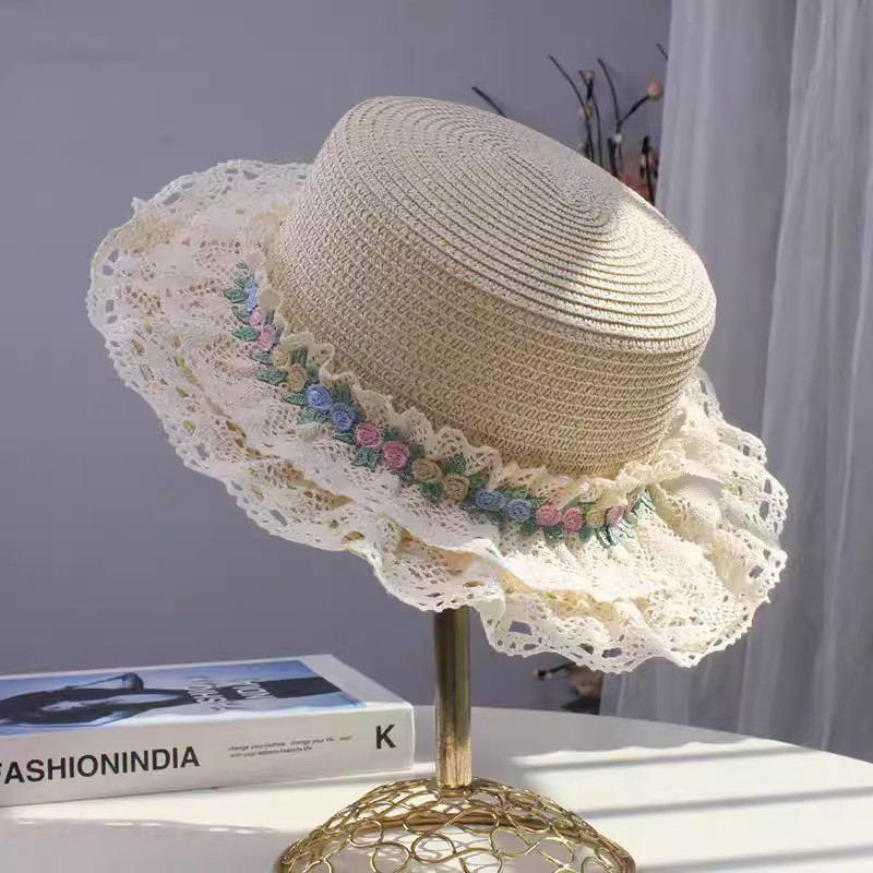 草帽女夏出游甜美花边海边防晒帽