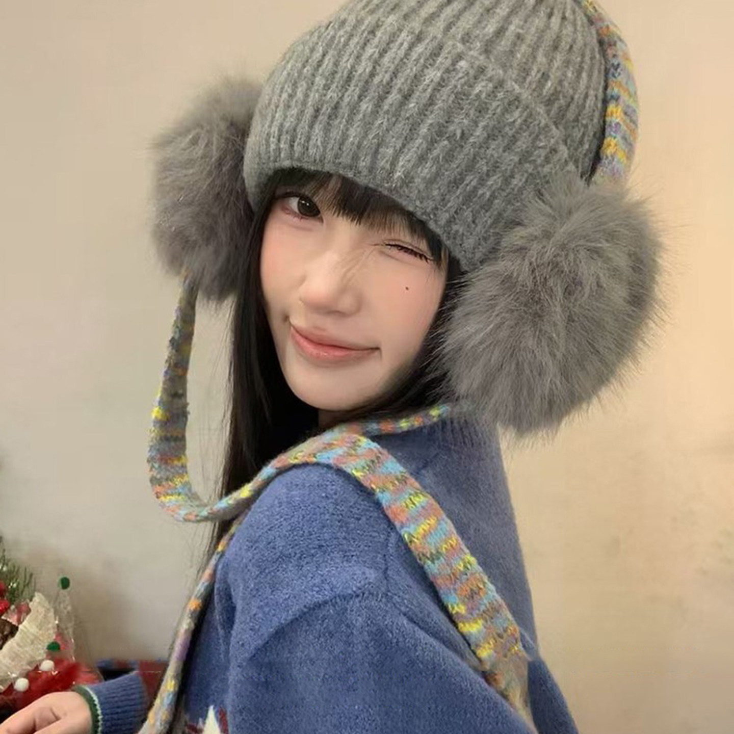 韩系针织毛球帽女冬季保暖防寒护耳帽大头围显脸小加厚保暖套头帽