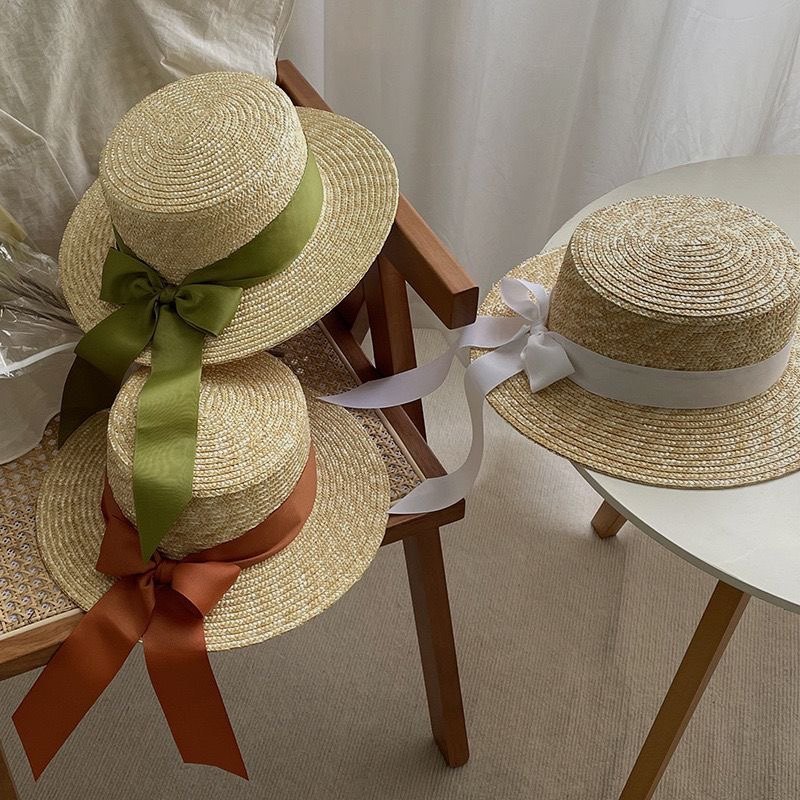 平顶草帽子女夏天小清新礼帽度假海边防晒遮阳帽草编麦秆夏沙滩帽
