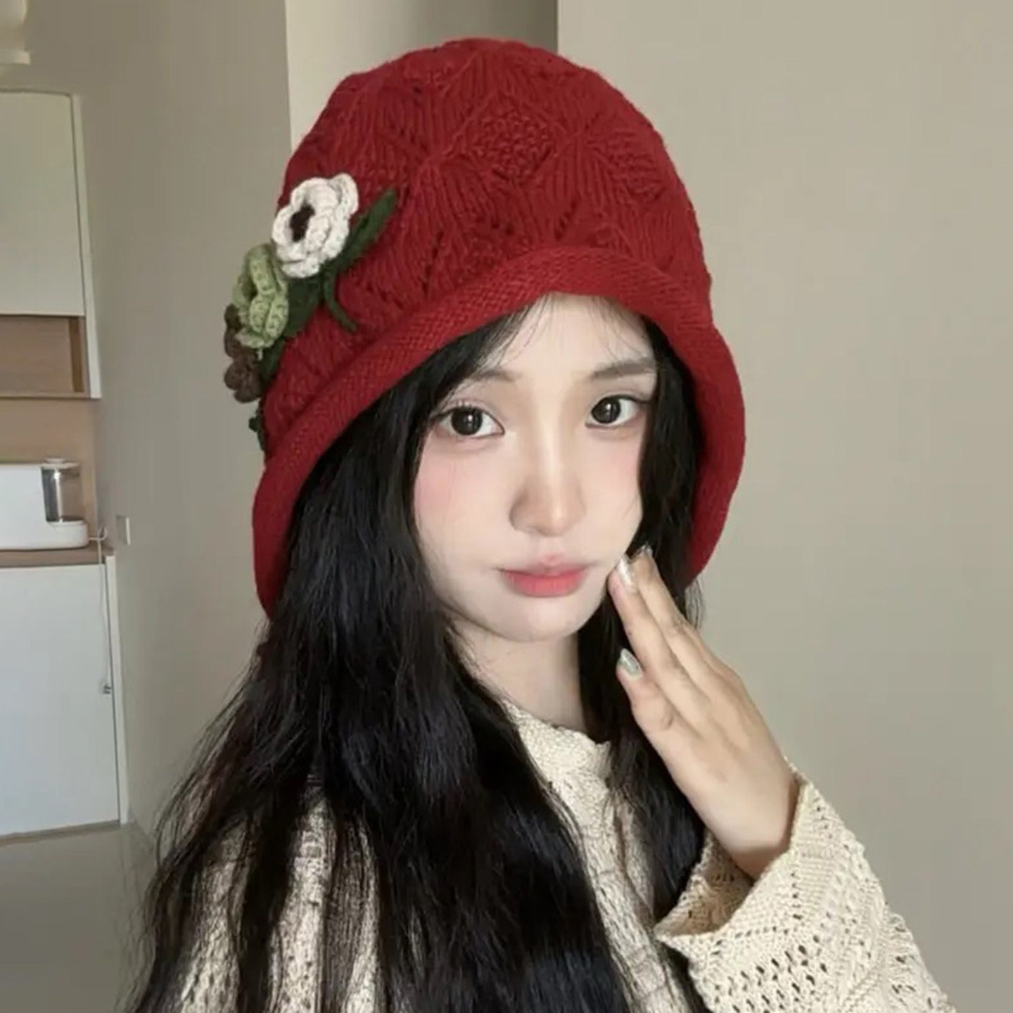 秋冬保暖护耳民族风刺绣毛线帽女
