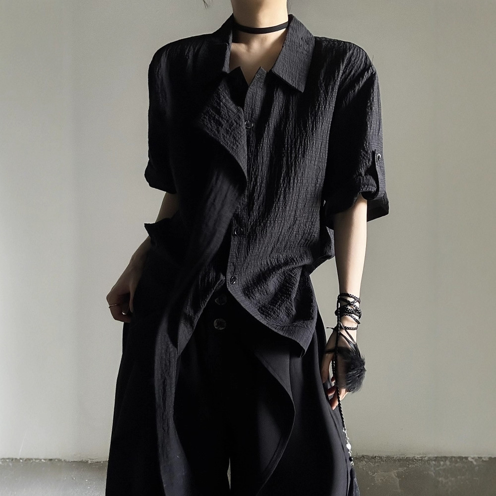 厂家直供设计感飘带短袖衬衫法式复古风黑白色山本风夏季衬衣