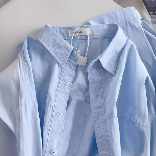 Light Luxury Blue Pure Cotton Shirt Women's Long Sleeve Tops