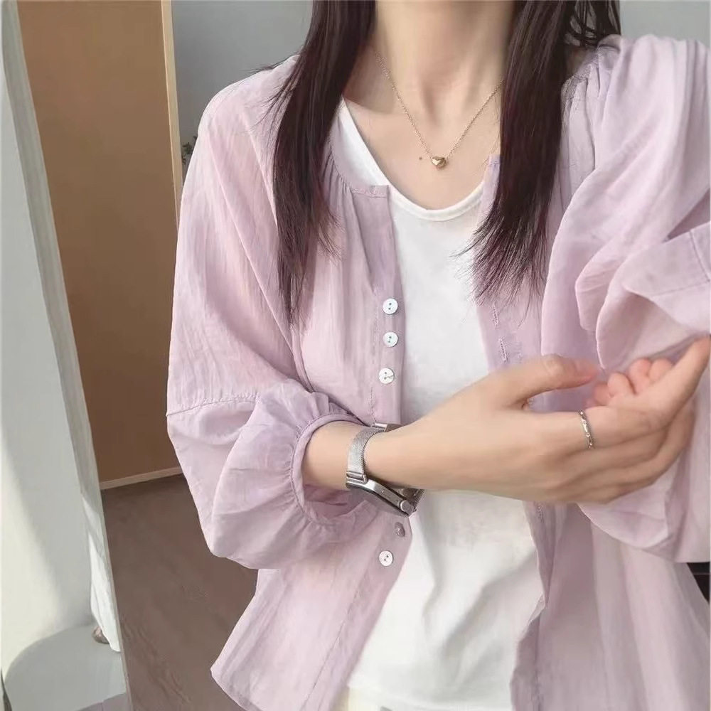 法式亚麻防晒衬衫女夏薄款外搭长袖轻薄罩衫宽松灯笼袖衬衣外套女图片