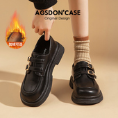 女2024新款 秋冬季 厚底加绒玛丽珍单鞋 黑色乐福鞋 通勤英伦风小皮鞋