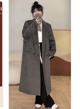 觅定灰色毛呢大衣正肩外套女冬季高级感长款西装呢子黑色小个子
