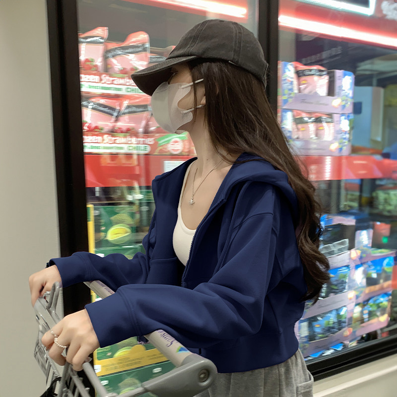 短款藏青色卫衣女秋冬外套2024新款女款连帽初秋穿搭春秋款上衣季