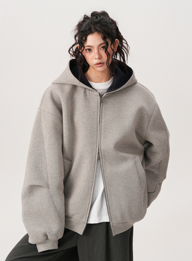 BWKA美式重磅双拉链廓形卫衣外套女男秋冬复古慵懒风撞色休闲开衫