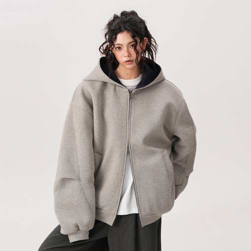 BWKA美式重磅双拉链廓形卫衣外套女男秋冬复古慵懒风撞色休闲开衫