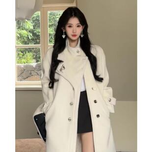高级感毛呢外套韩系小个子中长款 白色呢子大衣女2024年新款 秋冬季