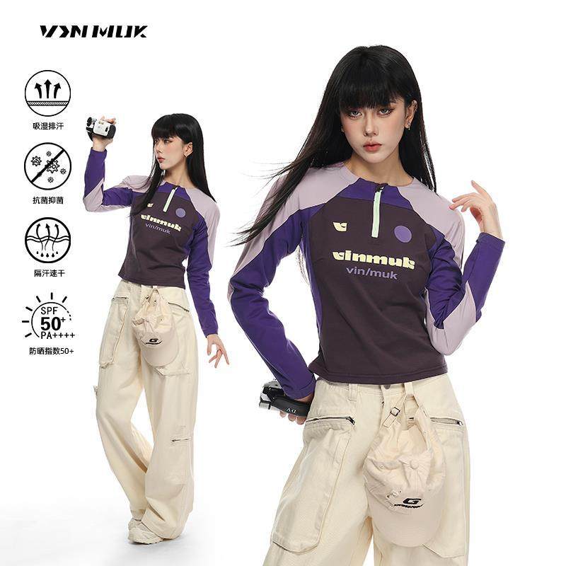 VIN MUK 美式速干衣女春季骑行服健身运动t恤防晒长袖紫色上衣男