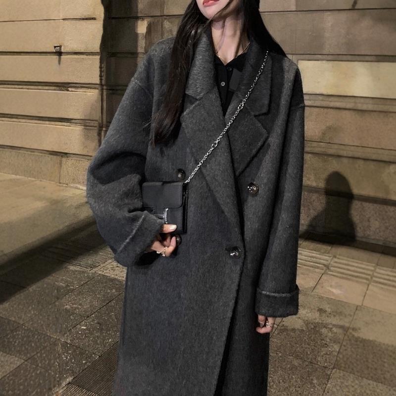 双面羊绒大衣女2024秋冬黑灰色新款韩系宽松中长款高端羊毛呢外套