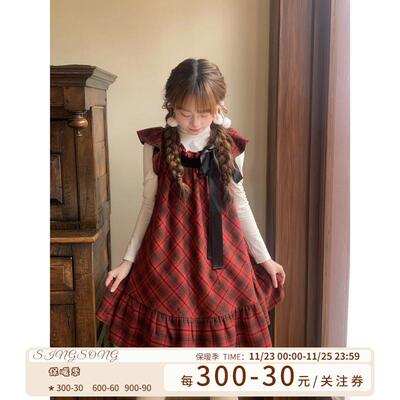 sinsingirl甜莓樱桃红色格纹新年战袍秋冬背心裙圆领超好看连衣裙