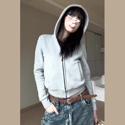 美式复古灰色卫衣外套女秋冬季2024新款加绒休闲拉链短款连帽上衣