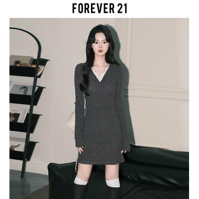 Forever21格雷系灰色修身针织包臀短裙女纯欲蕾丝V领打底连衣裙子