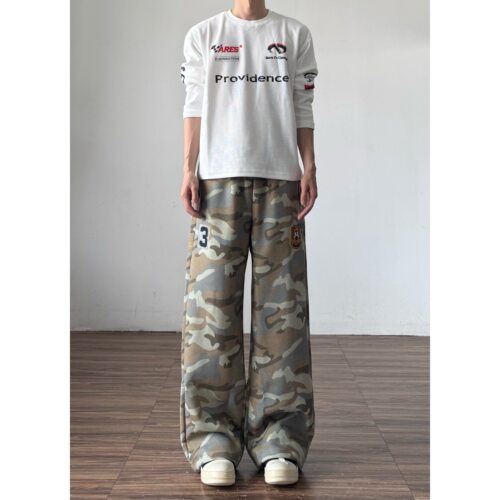 QTstudio美式刺绣宽松直筒迷彩卫裤男高街阔腿长裤休闲慵懒裤子女