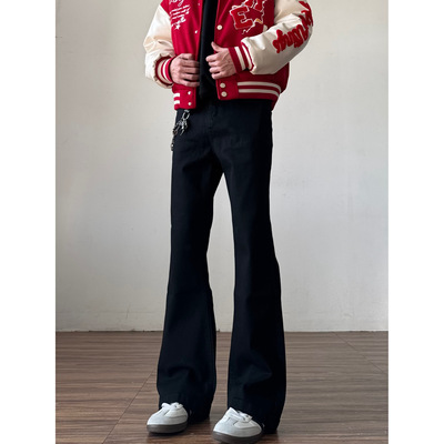 巴家黑色弯刀微喇显腿长牛仔裤