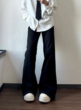 巴家美式低腰微喇牛仔裤男高街水洗复古黑色直筒修身显瘦窄版裤子