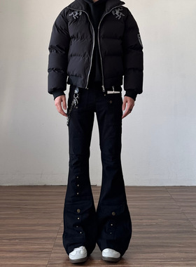 vibe黑色修身微喇工装牛仔裤男美式高街复古痞帅直筒显瘦裤子冬季