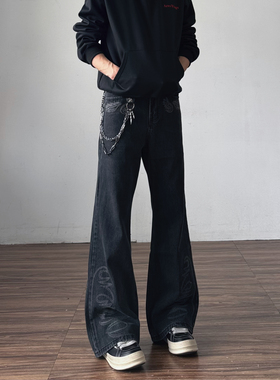 黑灰色水洗刺绣微喇牛仔裤男设计感美式高街直筒微喇叭裤子女冬季