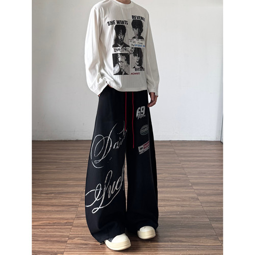 QTstudio美式高街印花弯刀卫裤男宽松街头长裤慵懒休闲街舞裤子