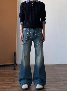 蓝色水洗微喇牛仔裤男美式高街方钉蓝牛小众设计感直筒裤子女秋冬