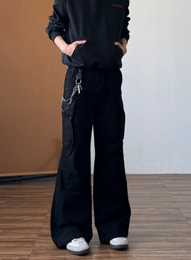 美式黑色微喇工装裤男cleanfit高街宽松阔腿长裤直筒加厚裤子秋冬