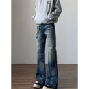 子男款 美式 微喇蓝牛裤 男cleanfit高街直筒修身 复古蓝色水洗牛仔裤