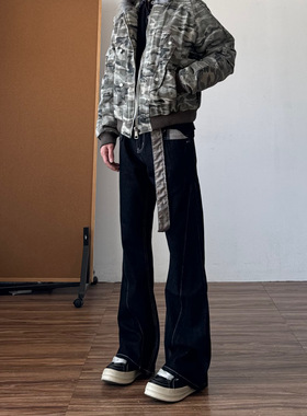 美式千鸟格黑色原牛微喇牛仔裤男高街cleanfit直筒修身设计感裤子