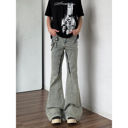 RO水洗蓝色薄款修身微喇牛仔裤男美式高街直筒加长喇叭拖地裤子夏