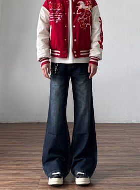 美式复古深蓝色猫须微喇牛仔裤男2026新款水洗宽松直筒裤子女冬季