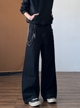 美式复古原牛刺绣微喇牛仔裤男高街cleanfit宽松直筒黑色裤子秋冬