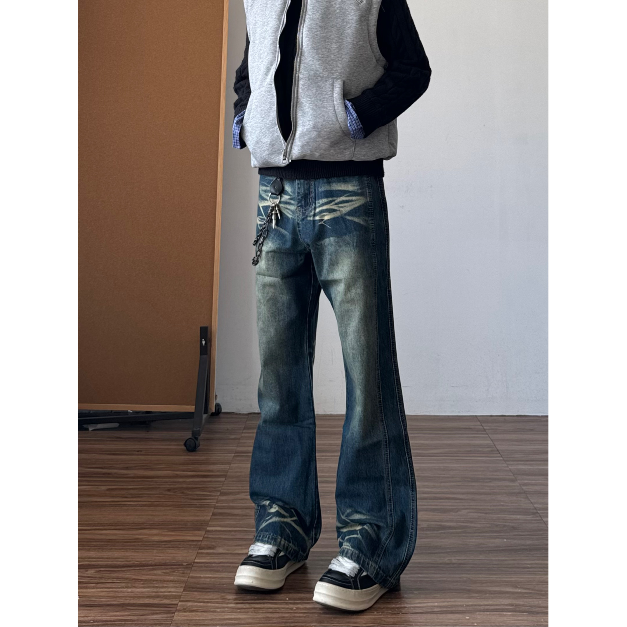 美式复古深蓝色水洗猫须牛仔裤